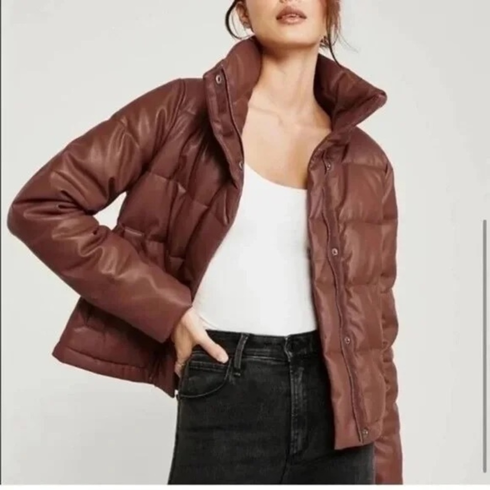 Abercrombie brown, leather puffer jacket